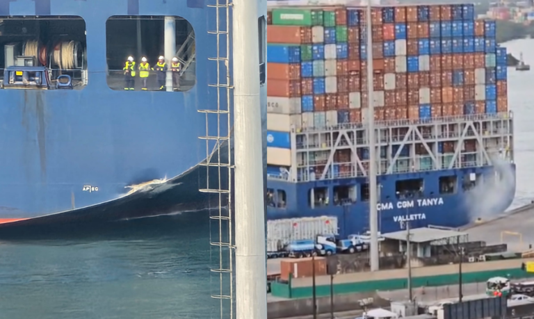 Navio faz manobra e acaba colidindo em cais no Porto de Santos; VÍDEO