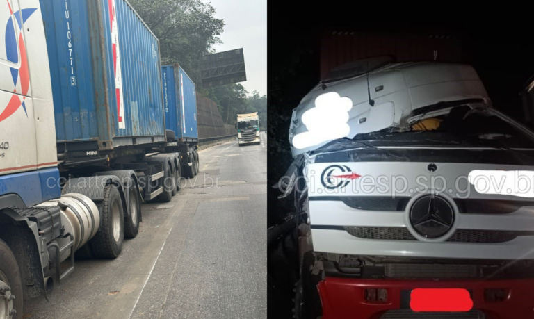 Colisão entre carretas resulta em vazamento de diesel e Rodovia dos Imigrantes fica congestionada