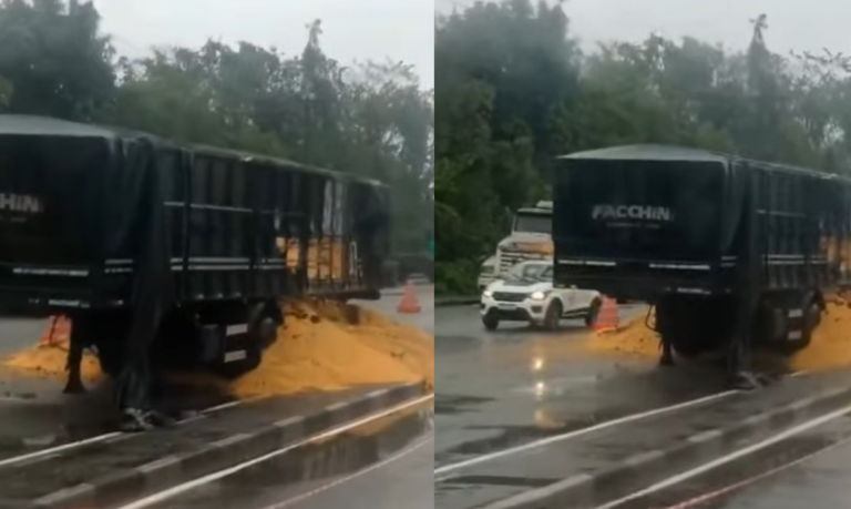 Carreta com carga de milho pega fogo no Porto de Santos