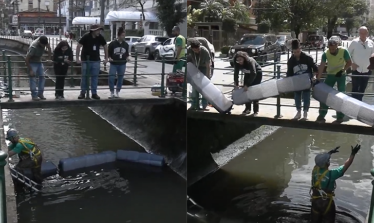 Barreira flutuante é instalada no canal 4 em Santos para evitar resíduos sólidos no mar; Entenda