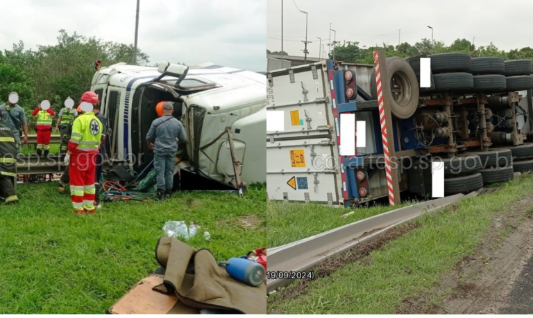 Acidente deixa motorista de caminhão preso às ferragens em rodovia do litoral de SP