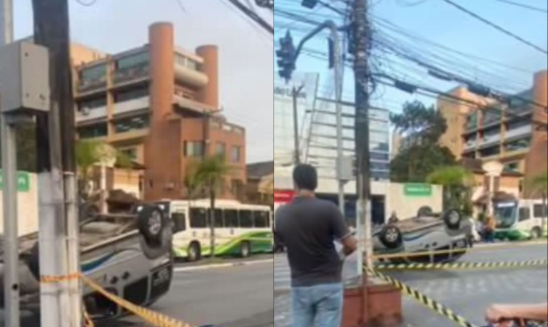 Acidente em avenida de Santos deixa carro com as quatro rodas suspensas