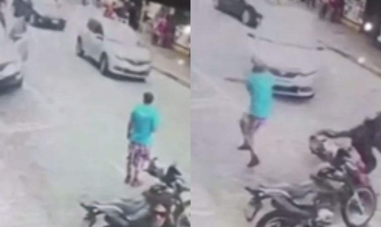 Homem ‘pula moto’ e escapa de acidente em São Vicente; Veja o vídeo