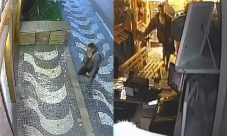 Homem quebra porta de vidro de loja em São Vicente, rouba itens e foge; Veja o vídeo