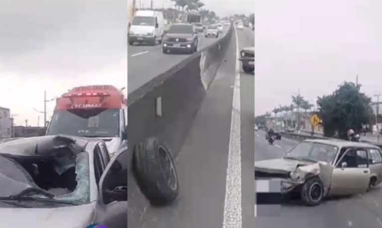 Motorista fica ferido após roda de carro se soltar e atingir vidro dianteiro de outro veículo em Praia Grande