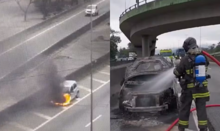 Carro sofre pane elétrica e pega fogo em rodovia do litoral de São Paulo