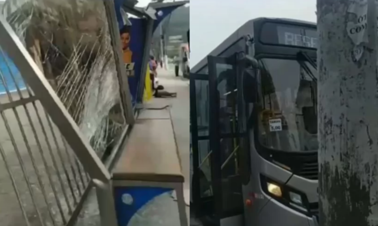 Ônibus desvia de motocicleta, atinge ponto de embarque e deixa mulher ferida em Guarujá