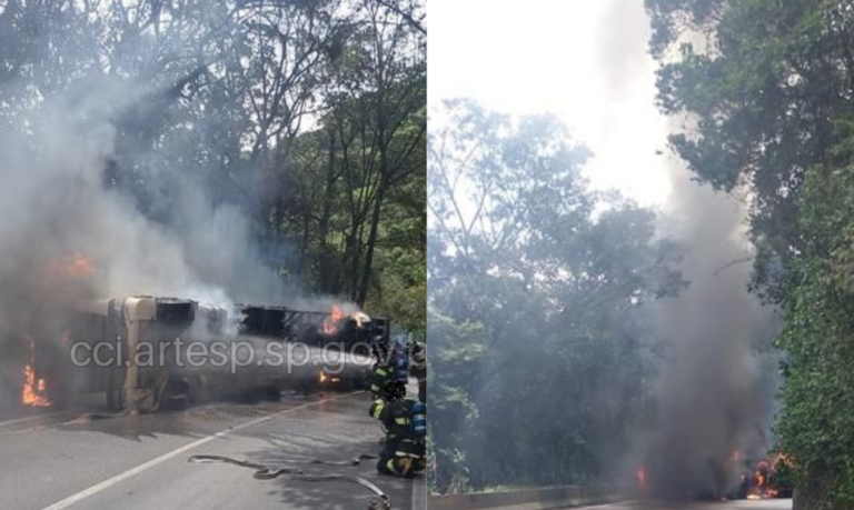 Caminhão com carga de algodão tomba e pega fogo em rodovia do litoral de SP; VÍDEO
