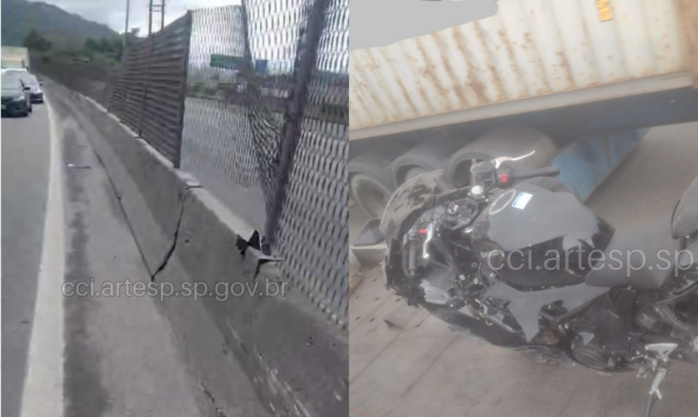 Motocicleta em alta velocidade colide em muro em rodovia do litoral de SP e condutor fica ferido