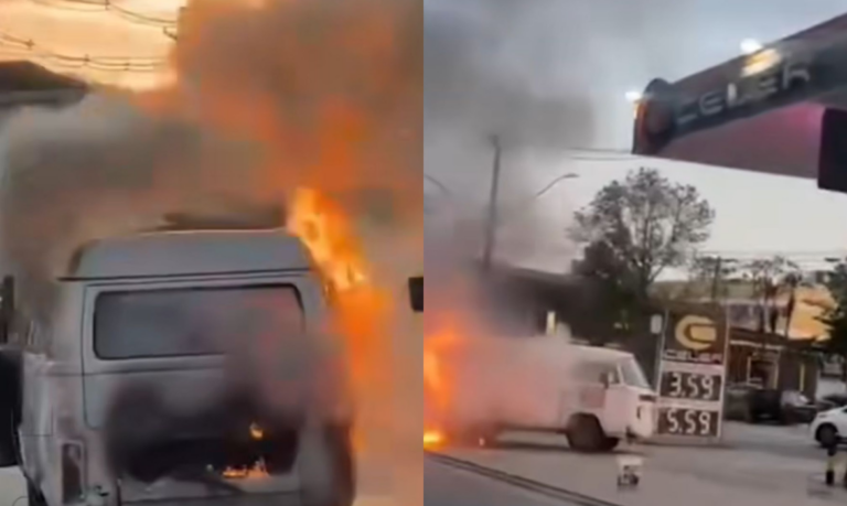 Kombi pega fogo após abastecer em posto de combustível de São Vicente