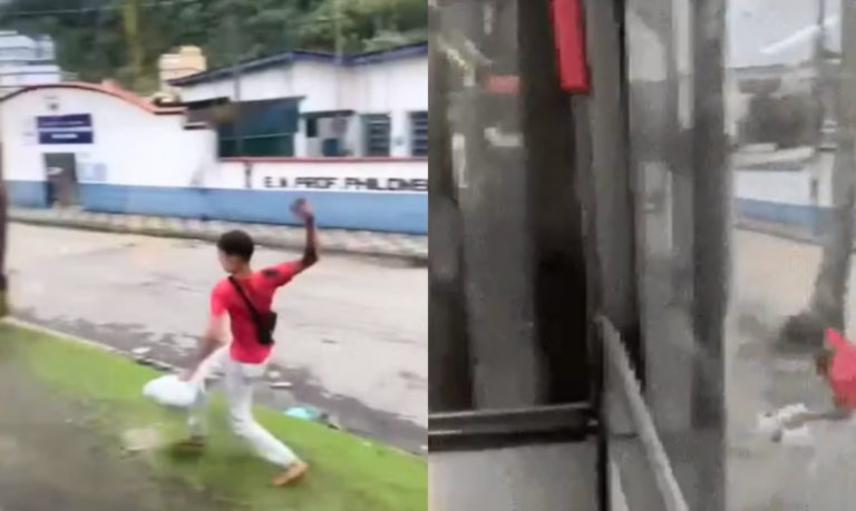 Menor de idade é filmado atacando pedras em coletivo municipal de Guarujá e passageira fica ferida; VÍDEO