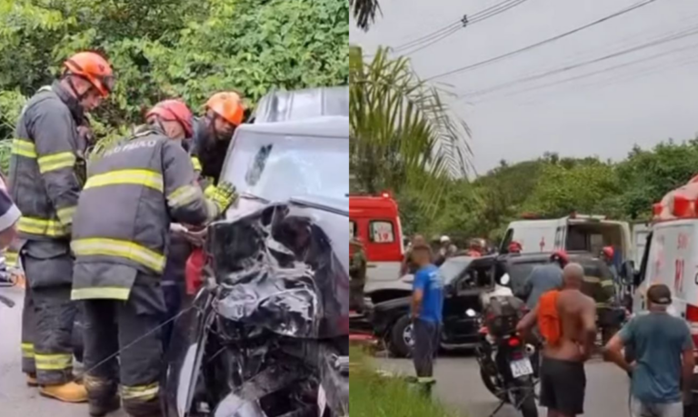 Passageiro morre preso às ferragens e outros dois ficam feridos em acidente entre carro e moto em São Vicente
