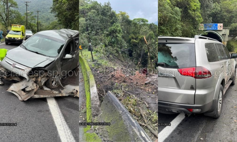 Caminhão perde o freio, colide em dois carros, desliza em barranco e deixa três feridos em Cubatão