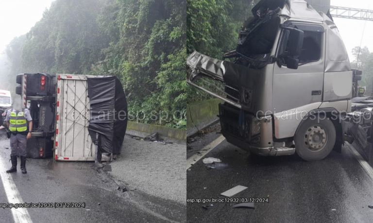 Carreta tomba em rodovia do litoral de SP, derrama brita e bloqueia pista