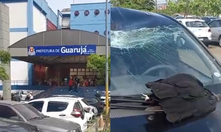Urubu morre, cai do céu, e destrói carro estacionado na Prefeitura de Guarujá; VÍDEO
