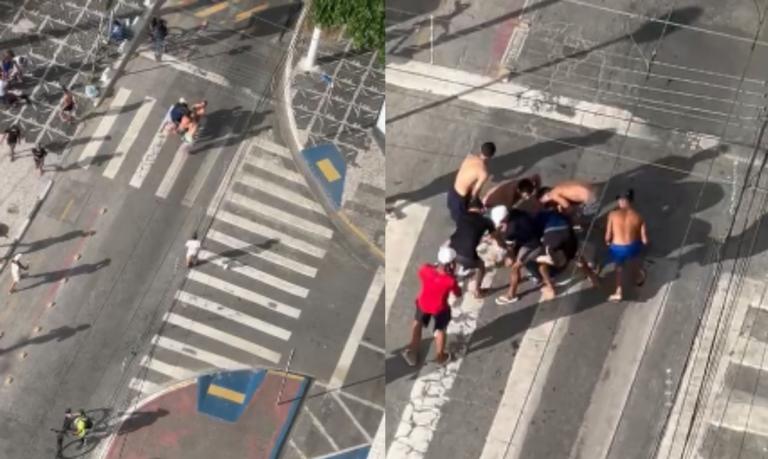 “Gangue das lives”:  10 ladrões atacam homem em orla da praia de Guarujá, o roubam e fogem sem serem presos; VÍDEO