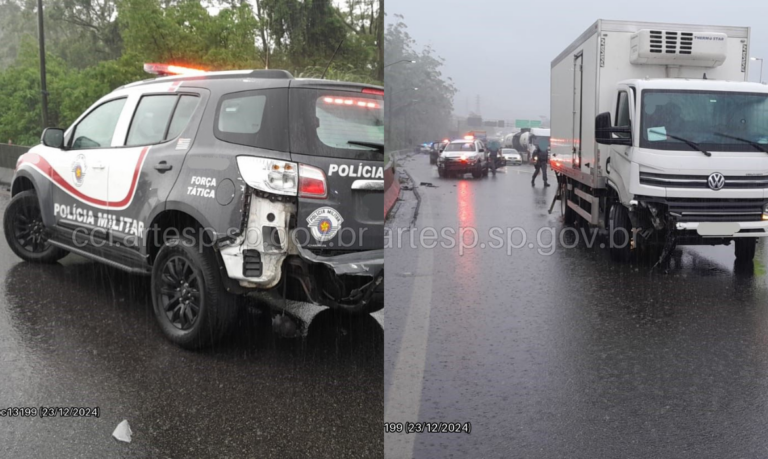Viatura da PM desliza, perde o controle e colide em caminhão em rodovia do litoral de SP