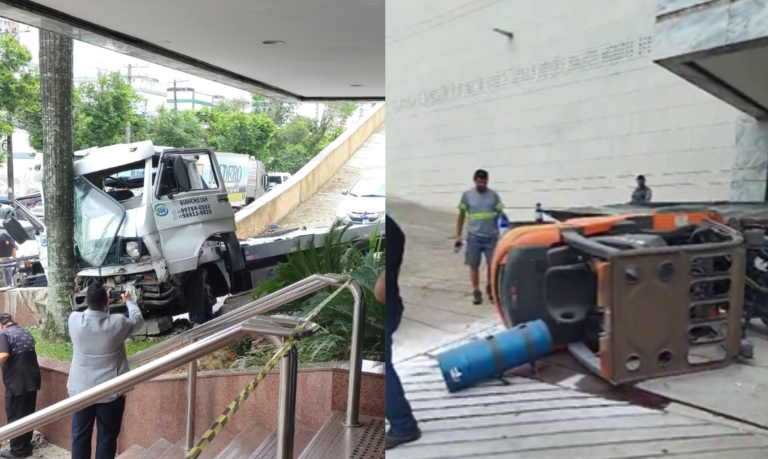 Caminhão guincho perde controle de freio em rampa de shopping de Santos e colide em muro; VÍDEO