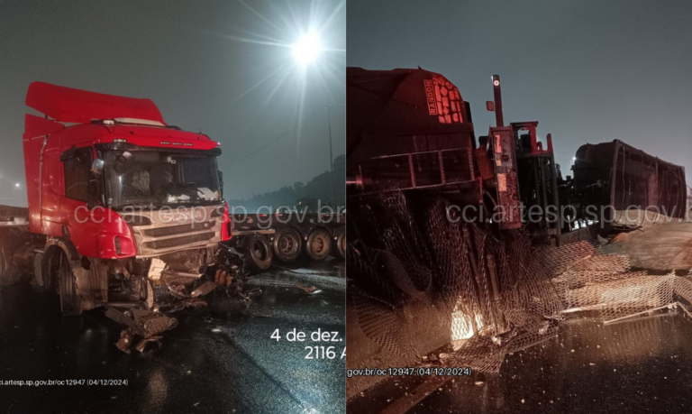 Carreta perde controle, colide em mureta e provoca tombamento de outra em rodovia do litoral de SP