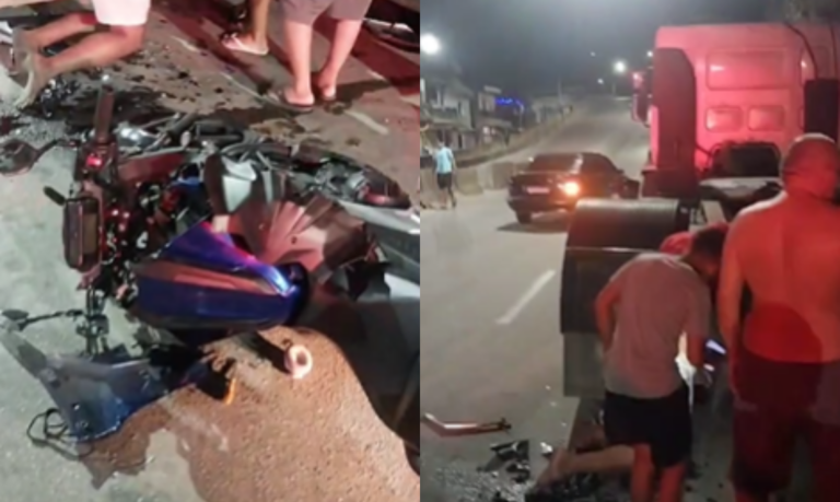 Motociclista colide em caminhão estacionado e morre em avenida de São Vicente; VÍDEO