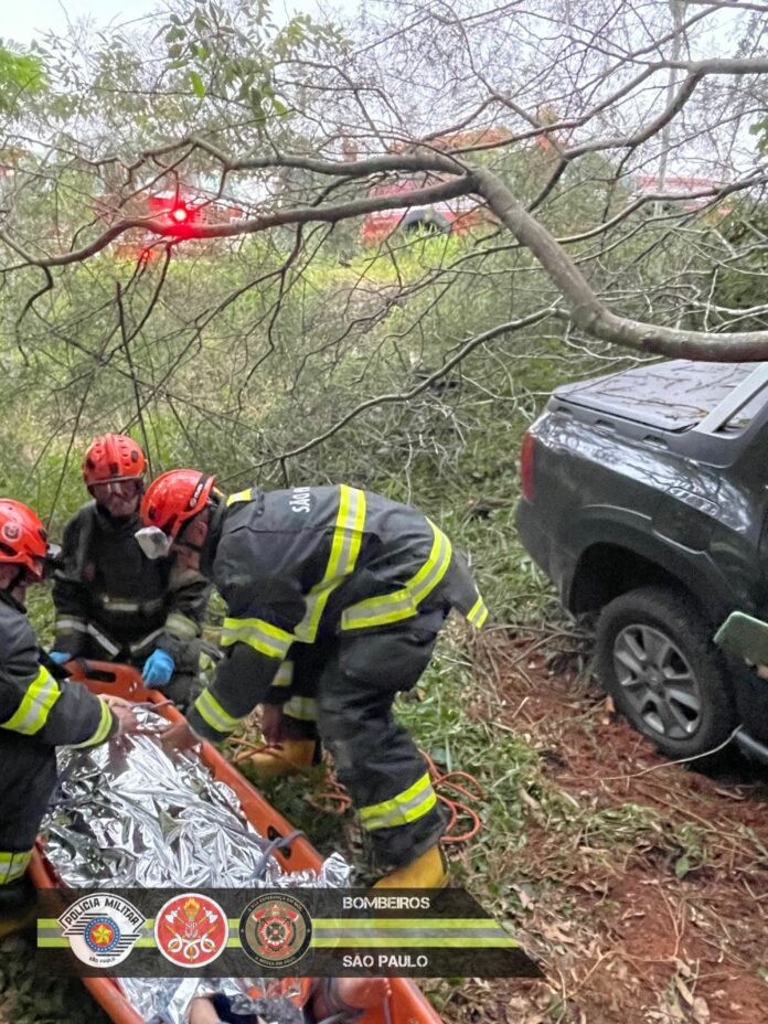 Mulher fica ferida após carro cair de ribanceira na Mario Covas em São José Mulher fica ferida após carro cair de ribanceira na Mario Covas em São José