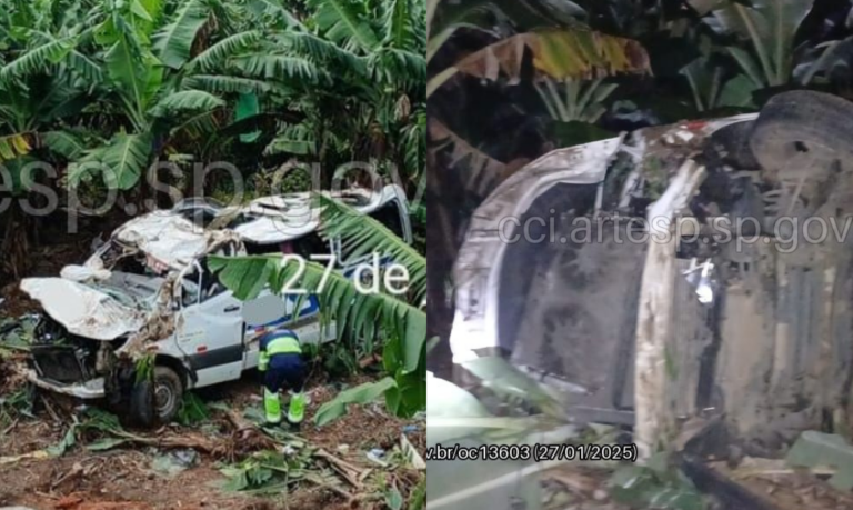 Van de prefeitura cai de barranco após motorista dormir ao volante, e deixa sete feridos além de um passageiro morto
