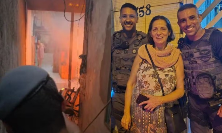 PM atua em combate à incêndio e resgata idosa presa em corredor tomado por chamas em Praia Grande; VÍDEO