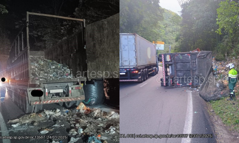 Caminhão de sucata tomba na Anchieta e ocorrência dura mais de 13 horas