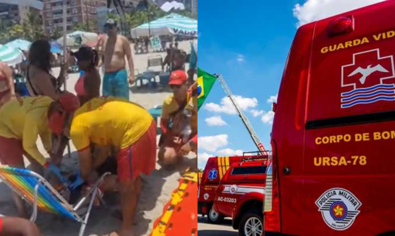 Mulher se fere após guarda-sol se soltar durante sobrevoo de helicóptero águia em praia do litoral de SP