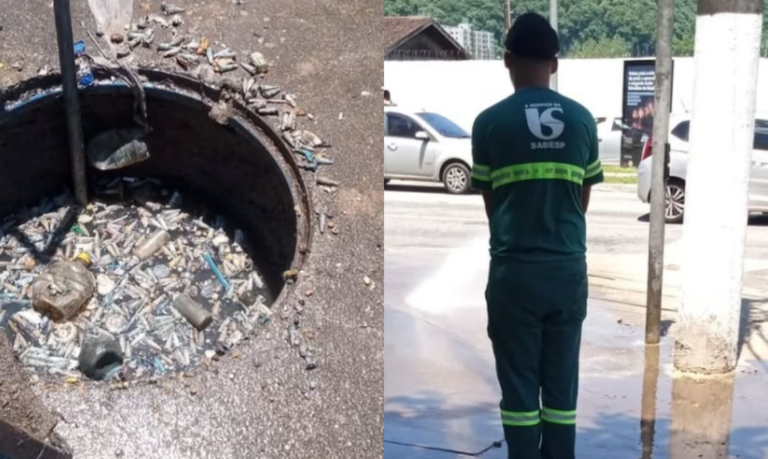 Sabesp descobre bueiro com pinos de cocaína durante manutenção em esgoto de avenidas em Santos