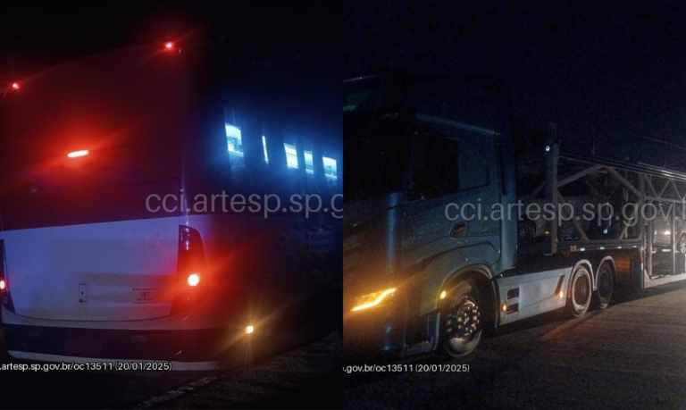 Ônibus com 38 passageiros colide em carreta após tentativa de ultrapassagem em rodovia do litoral de SP
