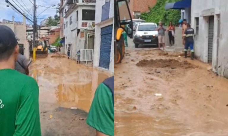 Ruas do Morro do São Bento em Santos ficam inundadas com lama devido a vazamento de cano e casas são interditadas