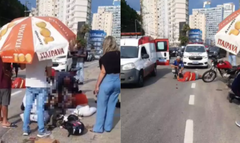 Pedestre sofre fratura exposta na perna após ser atropelado por motociclista em São Vicente