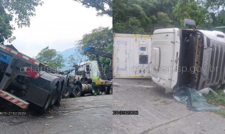 Carreta perde freio e invade barranco para não colidir em outra na Rodovia Anchieta