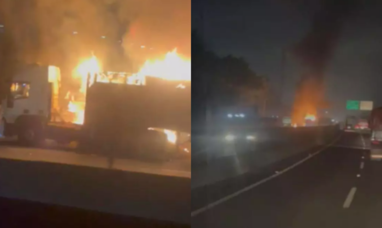 Carreta bitrem pega fogo em rodovia do litoral de SP e mobiliza Corpo de Bombeiros