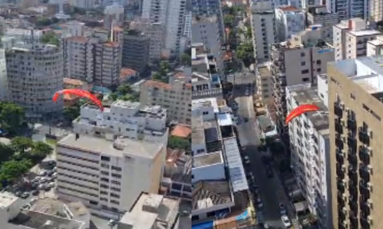 NASCEU DE NOVO! Vídeo mostra momento em que pilota de paraglider perde o controle e cai em prédio em Santos