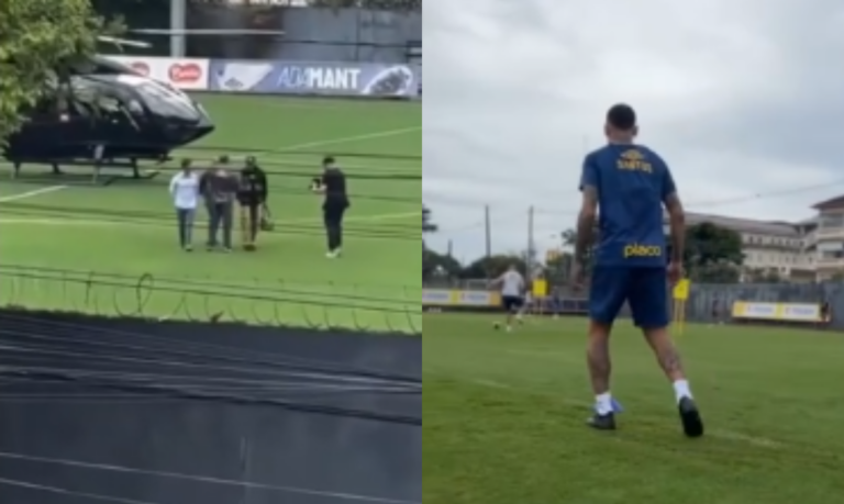 Neymar chega de helicóptero para primeiro treino no CT do Santos e se prepara para estreia na quarta-feira; VÍDEO