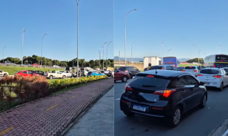 Acidente deixa três feridos, e causa grande congestionamento em principal acesso à Praia Grande; VÍDEO