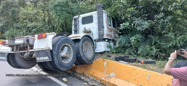 Caminhão perde controle e invade área de vegetação de rodovia do litoral de SP