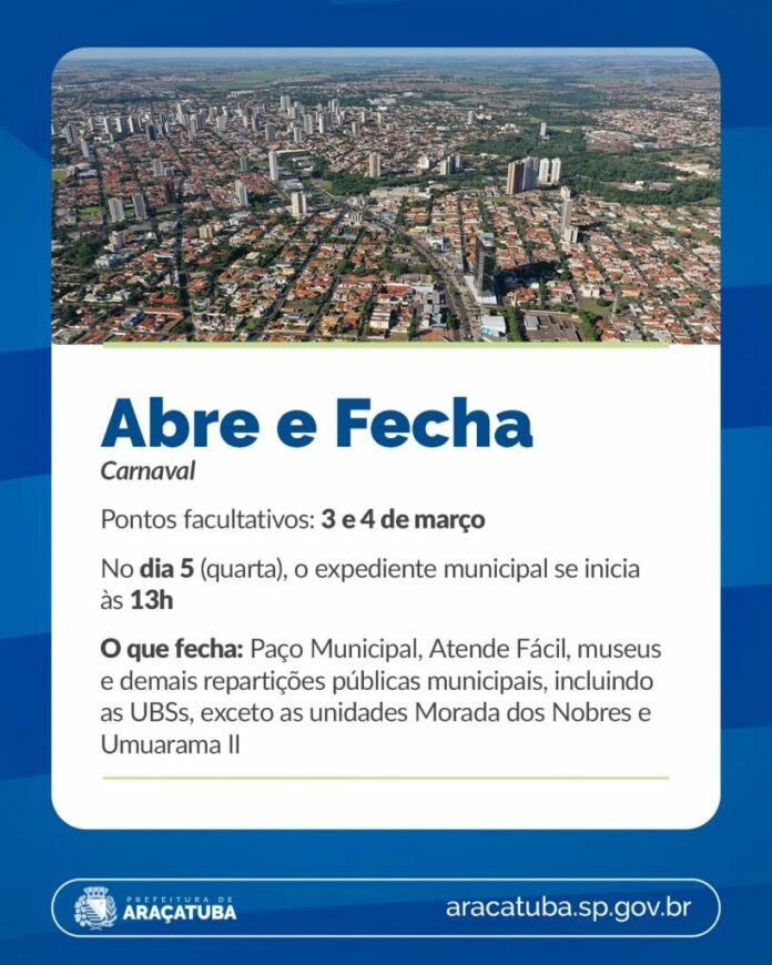 saiba-quais-servicos-publicos-municipais-vao-funcionar-em-aracatuba-no-feriadao-de-carnaval Foto: Divulgação