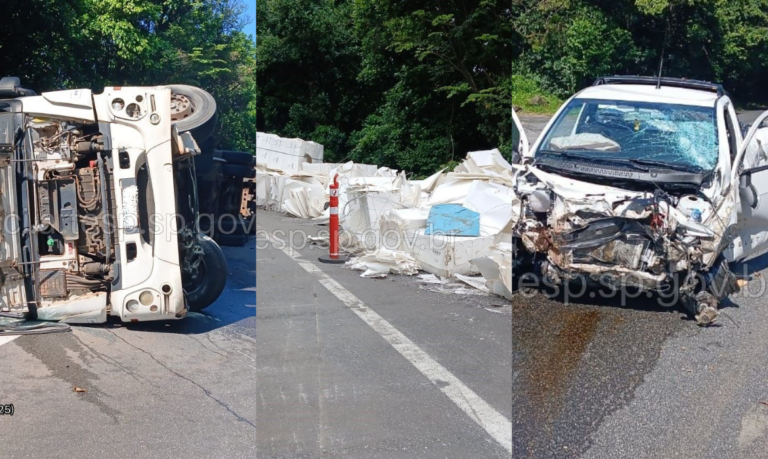 Carreta atinge traseira de caminhonete, fica desgovernada e tomba em rodovia do litoral de SP