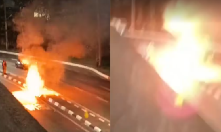 Motocicleta pega fogo e explode em avenida portuária de Santos