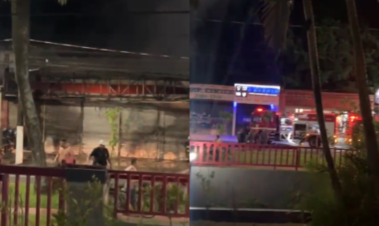 Incêndio atinge oficina mecânica e Corpo de Bombeiros força entrada em Guarujá; VÍDEO