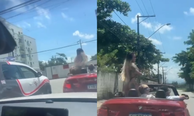 Loira em conversível ‘desdenha’ de PM, mostra nádegas e peitos, e populares cobram falta de atitude da corporação; VÍDEO