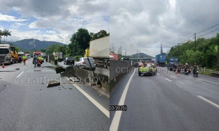 Caminhoneiro colide contra mureta de concreto, é arremessado de veículo e morre em rodovia do litoral de SP