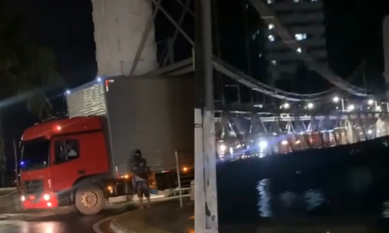 Caminhão fica travado em Ponte Pênsil após condutor desrespeitar proibição; VÍDEO