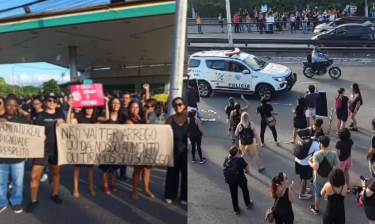 Servidores públicos de Praia Grande fazem greve na entrada da cidade pedindo por reajuste salarial; VÍDEO