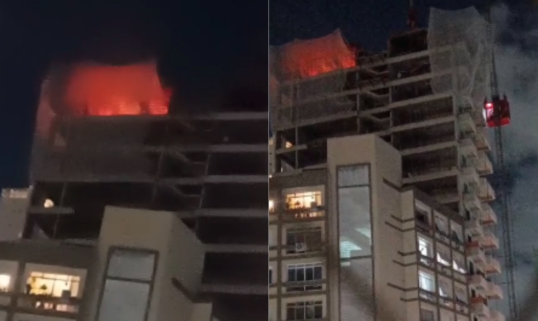 Prédio em construção pega fogo e mobiliza Corpo de Bombeiros em Santos; VÍDEO
