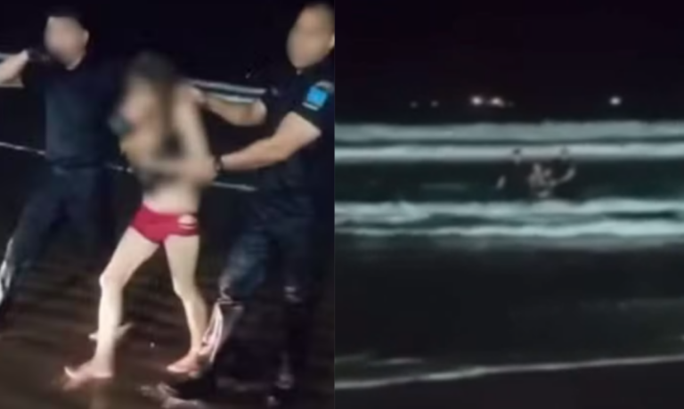 Mulher seminua, em surto, é resgatada em praia de Guarujá; VÍDEO