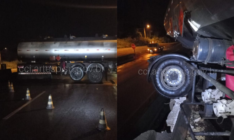 Carreta derrapa em pista com óleo e colide em mureta de rodovia do litoral de SP